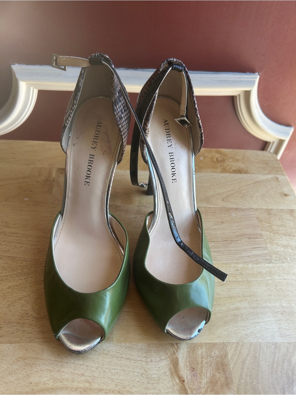 Audrey Brooke Olive Green Peep-Toe Heels with Ankle Strap